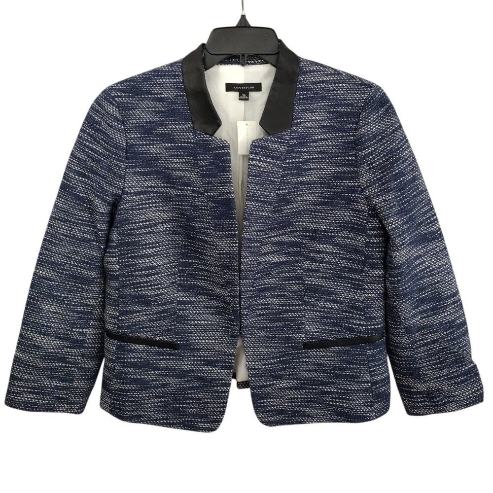 Ann Taylor NEW Blue Tweed Faux Leather Accent Short Length Blazer Women's 10